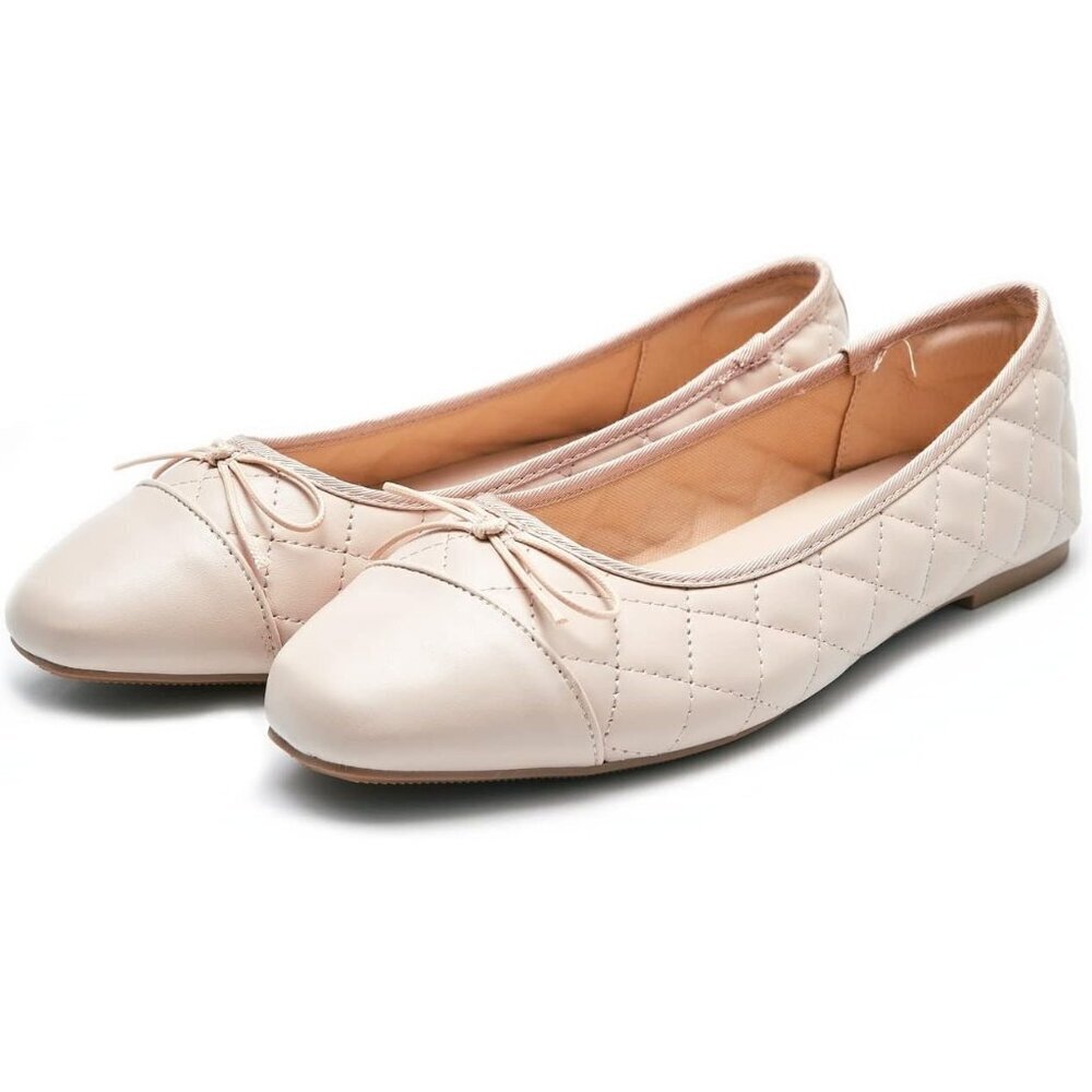 Women's Beige Polyurethane Closed Round Toe Comfortable Bow Ballet Flats Shoes